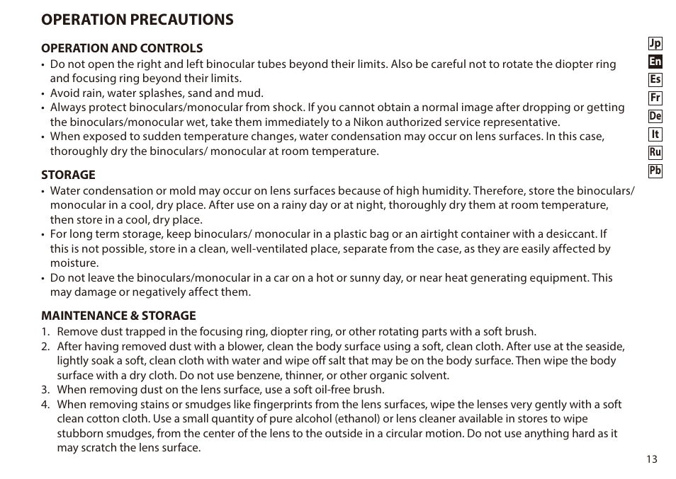 Operation precautions | Nikon 8-24x25 Sportstar Zoom Binoculars (Black) User Manual | Page 13 / 56