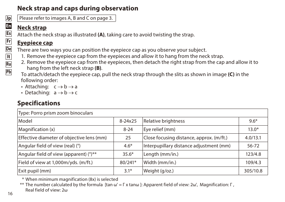Neck strap and caps during observation, Specifications, Neck strap | Eyepiece cap | Nikon 8-24x25 Sportstar Zoom Binoculars (Black) User Manual | Page 16 / 56