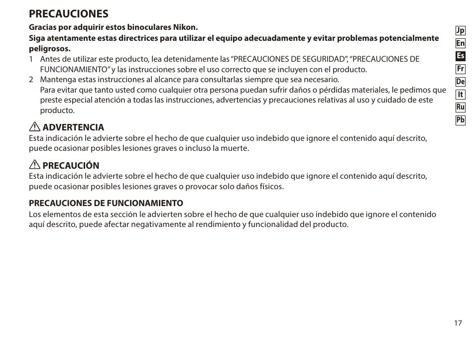 Español, Precauciones | Nikon 8-24x25 Sportstar Zoom Binoculars (Black) User Manual | Page 17 / 56