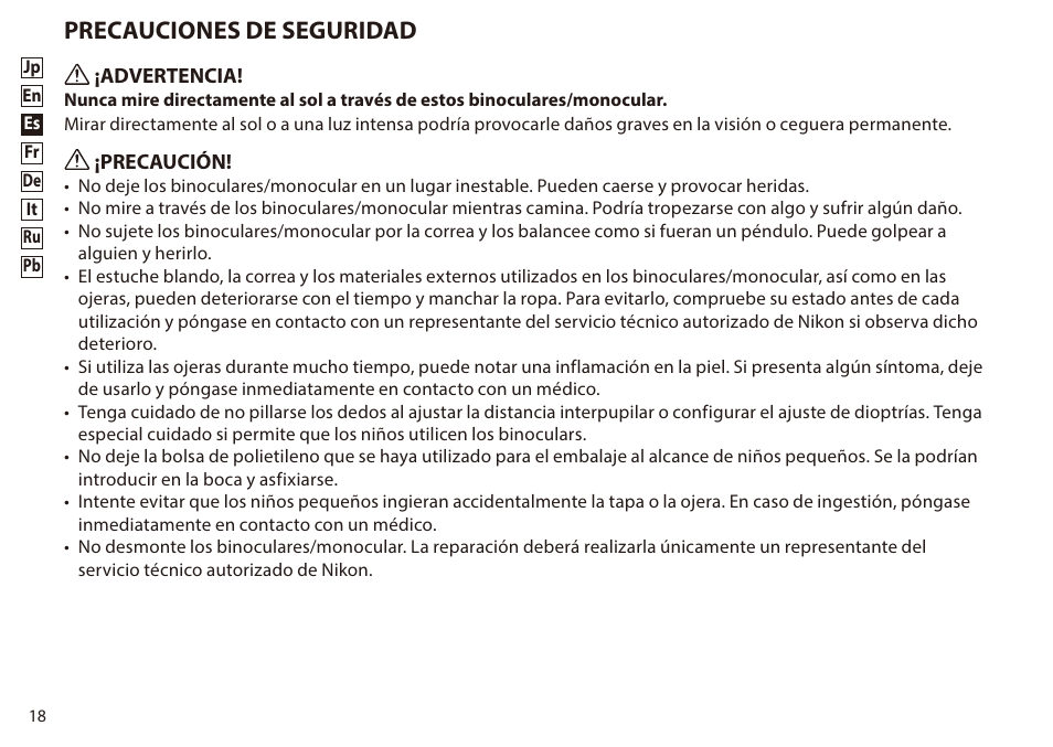 Precauciones de seguridad | Nikon 8-24x25 Sportstar Zoom Binoculars (Black) User Manual | Page 18 / 56