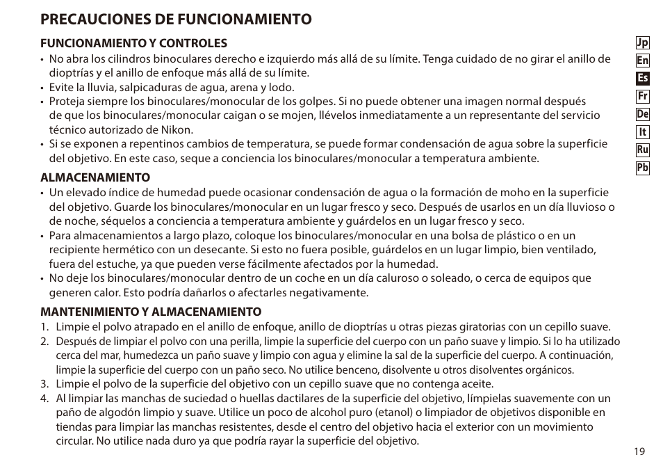 Precauciones de funcionamiento | Nikon 8-24x25 Sportstar Zoom Binoculars (Black) User Manual | Page 19 / 56