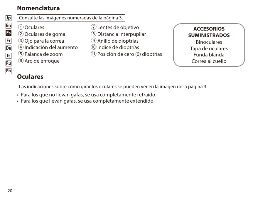 Nomenclatura, Oculares | Nikon 8-24x25 Sportstar Zoom Binoculars (Black) User Manual | Page 20 / 56