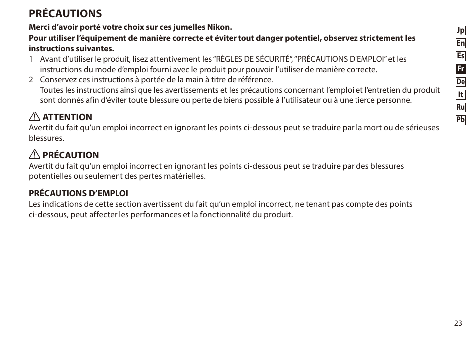 Français, Précautions | Nikon 8-24x25 Sportstar Zoom Binoculars (Black) User Manual | Page 23 / 56