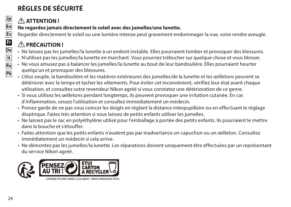 Règles de sécurité | Nikon 8-24x25 Sportstar Zoom Binoculars (Black) User Manual | Page 24 / 56