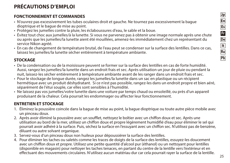 Précautions d’emploi | Nikon 8-24x25 Sportstar Zoom Binoculars (Black) User Manual | Page 25 / 56
