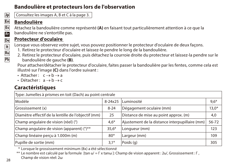 Bandoulière et protecteurs lors de l'observation, Caractéristiques, Bandoulière | Protecteur d'oculaire | Nikon 8-24x25 Sportstar Zoom Binoculars (Black) User Manual | Page 28 / 56