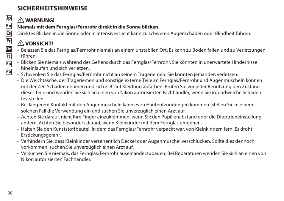 Sicherheitshinweise | Nikon 8-24x25 Sportstar Zoom Binoculars (Black) User Manual | Page 30 / 56