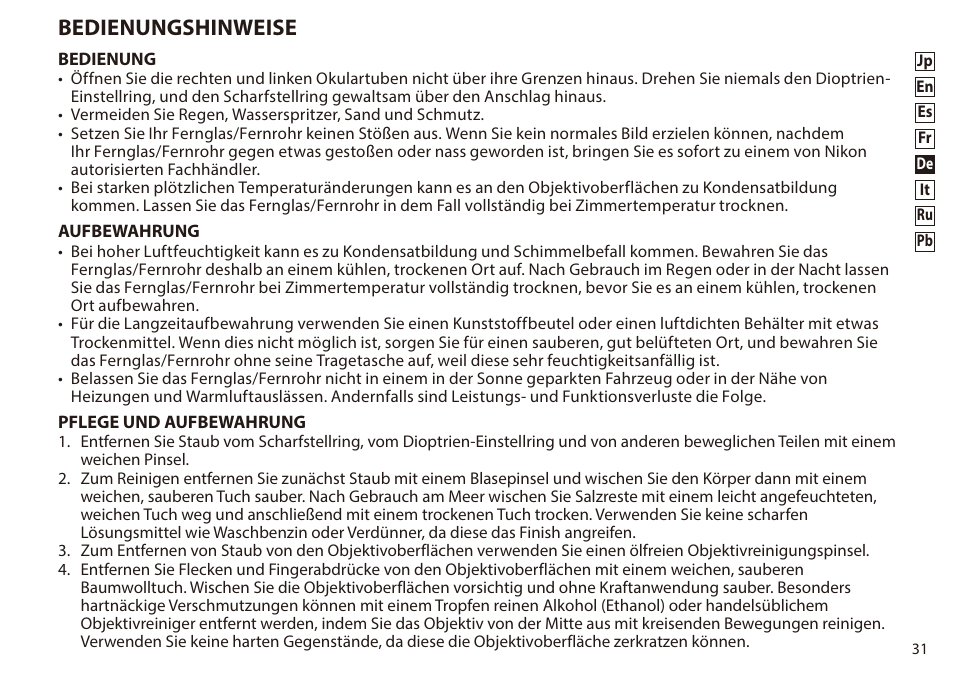 Bedienungshinweise | Nikon 8-24x25 Sportstar Zoom Binoculars (Black) User Manual | Page 31 / 56