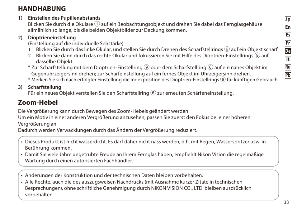 Handhabung, Zoom-hebel | Nikon 8-24x25 Sportstar Zoom Binoculars (Black) User Manual | Page 33 / 56