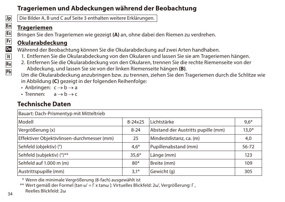 Technische daten, Trageriemen, Okularabdeckung | Nikon 8-24x25 Sportstar Zoom Binoculars (Black) User Manual | Page 34 / 56