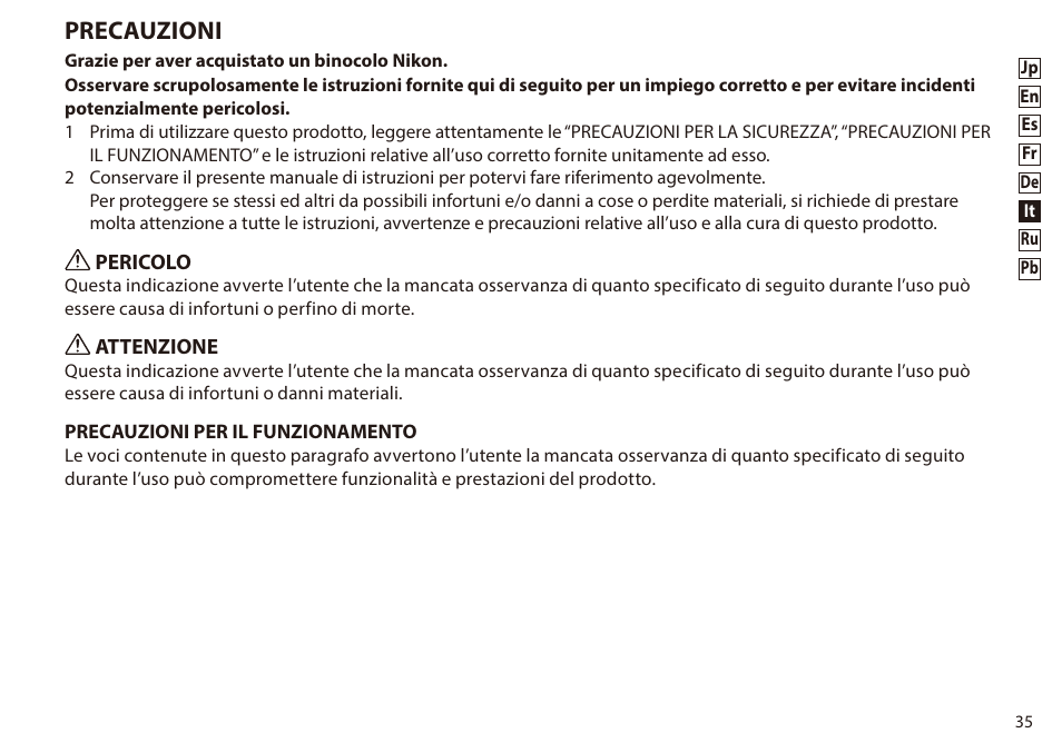 Italiano, Precauzioni | Nikon 8-24x25 Sportstar Zoom Binoculars (Black) User Manual | Page 35 / 56