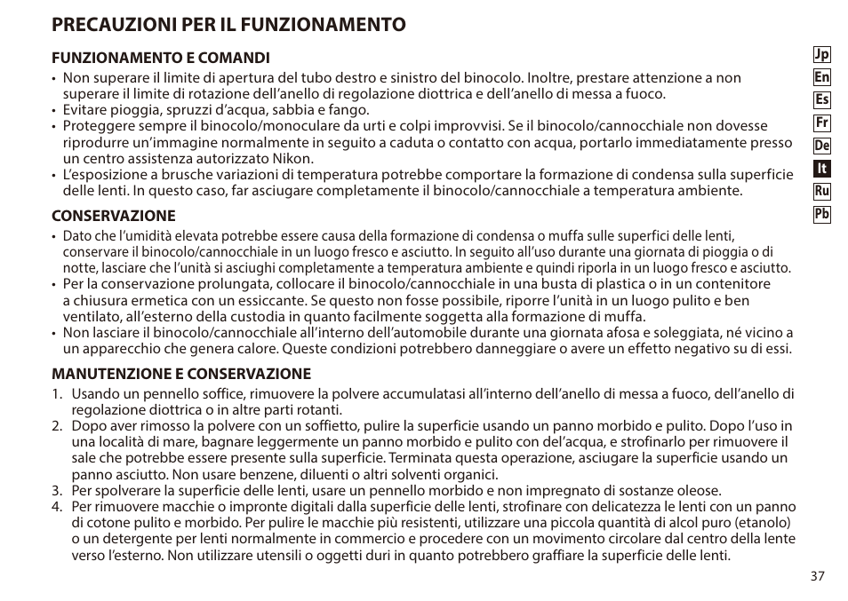 Precauzioni per il funzionamento | Nikon 8-24x25 Sportstar Zoom Binoculars (Black) User Manual | Page 37 / 56