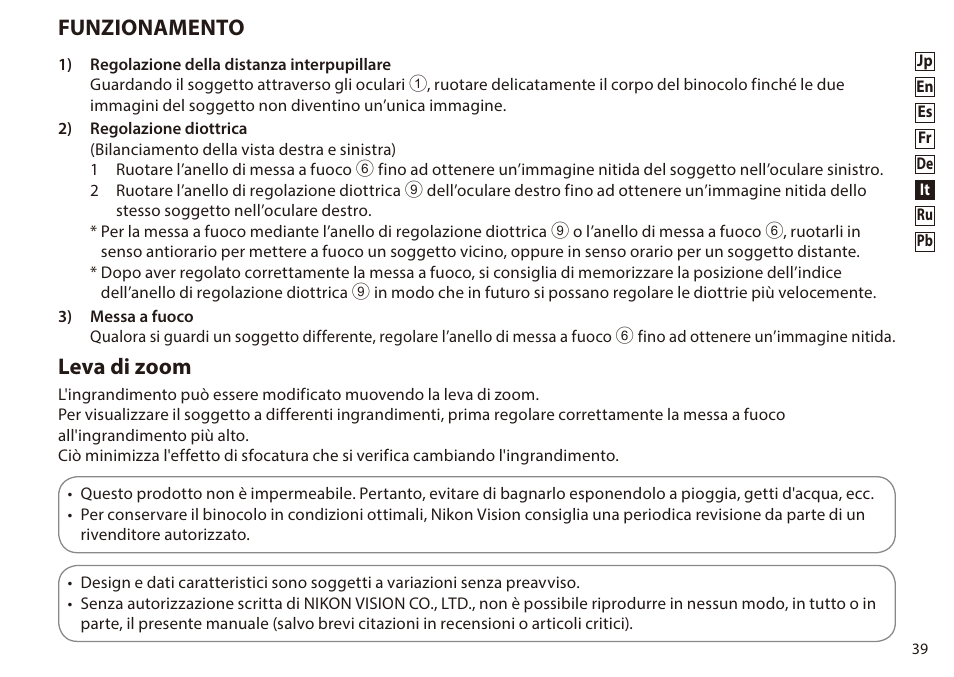 Funzionamento, Leva di zoom | Nikon 8-24x25 Sportstar Zoom Binoculars (Black) User Manual | Page 39 / 56