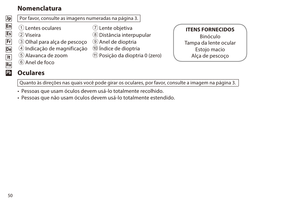 Nomenclatura, Oculares | Nikon 8-24x25 Sportstar Zoom Binoculars (Black) User Manual | Page 50 / 56