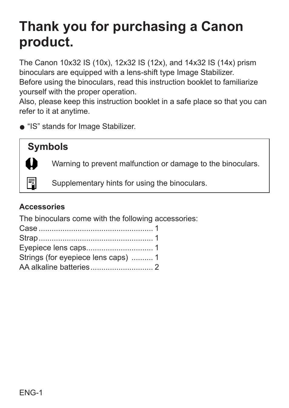 Symbols | Canon 14x32 IS Image Stabilized Binoculars User Manual | Page 2 / 16