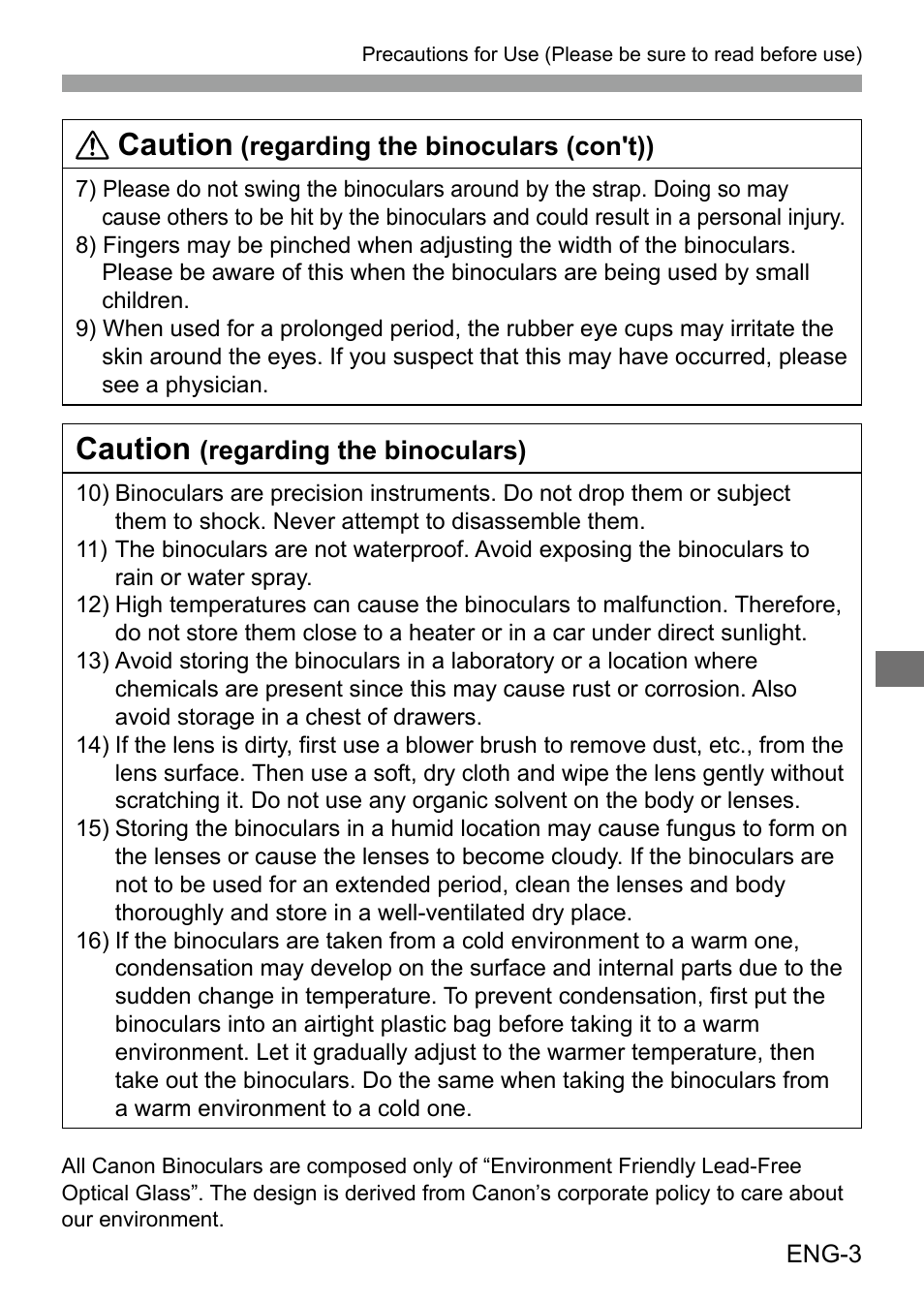 Caution | Canon 12x36 IS III Image Stabilized Binoculars User Manual | Page 4 / 13
