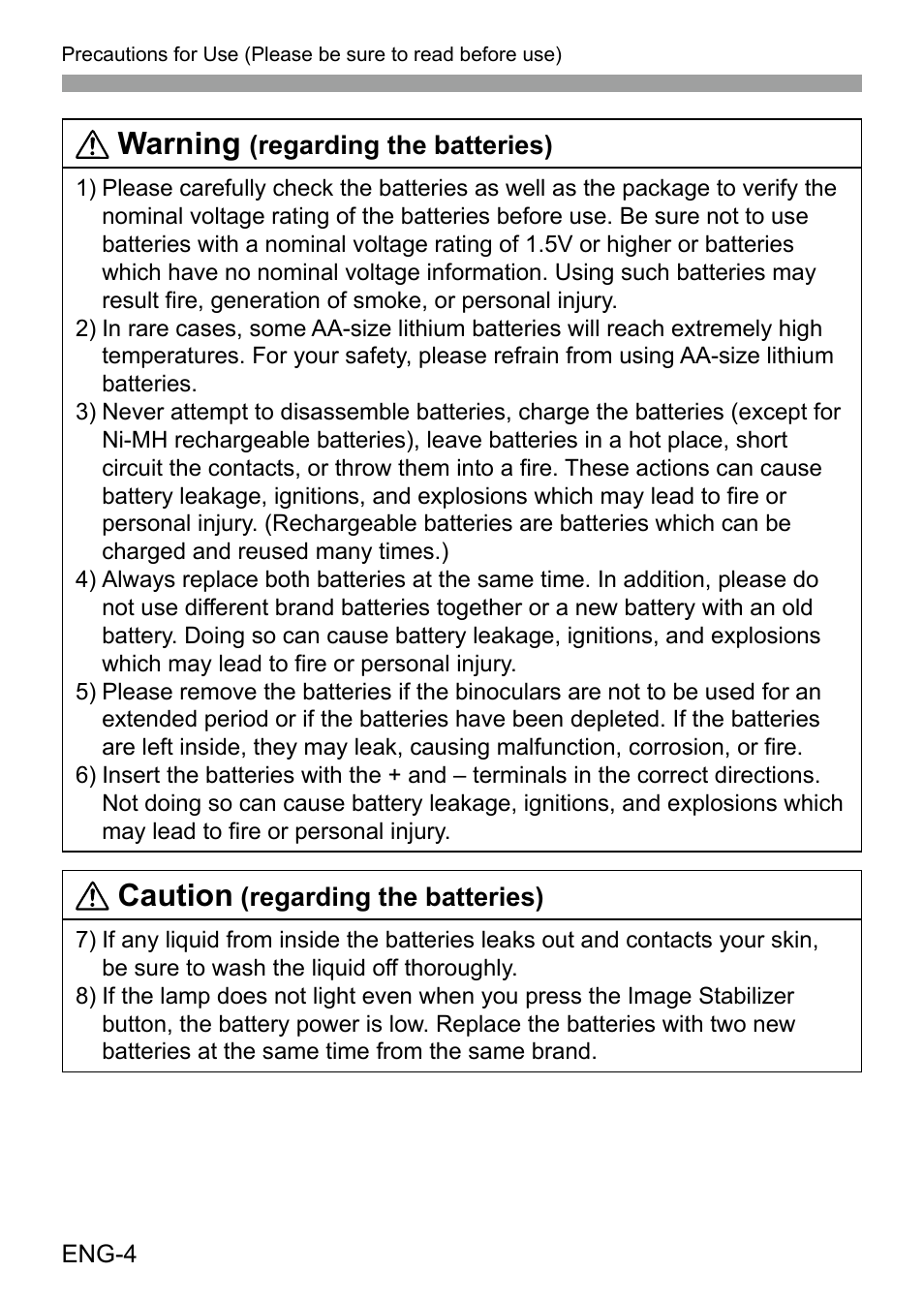Warning, Caution | Canon 12x36 IS III Image Stabilized Binoculars User Manual | Page 5 / 13