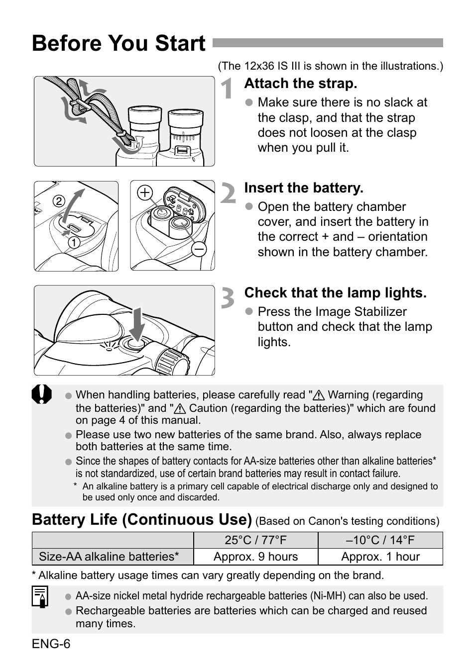 Before you start, Battery life (continuous use) | Canon 12x36 IS III Image Stabilized Binoculars User Manual | Page 7 / 13