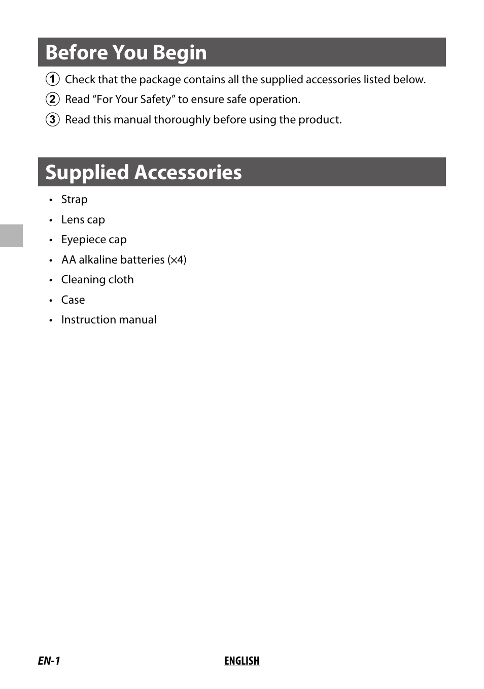 Before you begin, Supplied accessories | Fujinon 14x40 TSX1440 Techno-Stabi Image-Stabilized Binoculars (Black) User Manual | Page 2 / 11