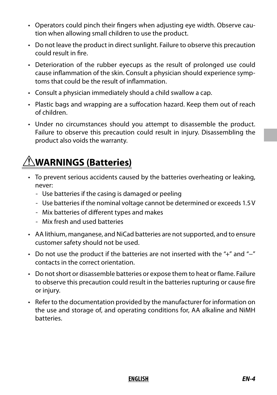 Warnings (batteries) | Fujinon 14x40 TSX1440 Techno-Stabi Image-Stabilized Binoculars (Black) User Manual | Page 5 / 11