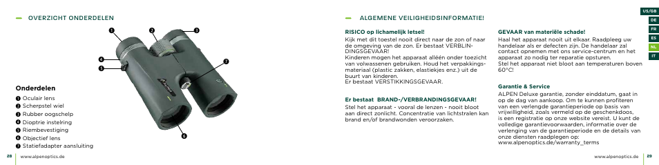 Overzicht onderdelen, Onderdelen, Algemene veiligheidsinformatie | Alpen Optics 10x42 Apex XP ED Waterproof Binoculars User Manual | Page 15 / 21