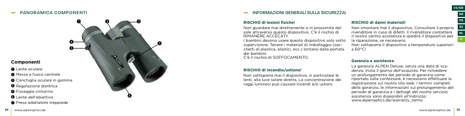 Panoramica componenti, Componenti, Informazioni generali sulla sicurezza | Alpen Optics 10x42 Apex XP ED Waterproof Binoculars User Manual | Page 18 / 21