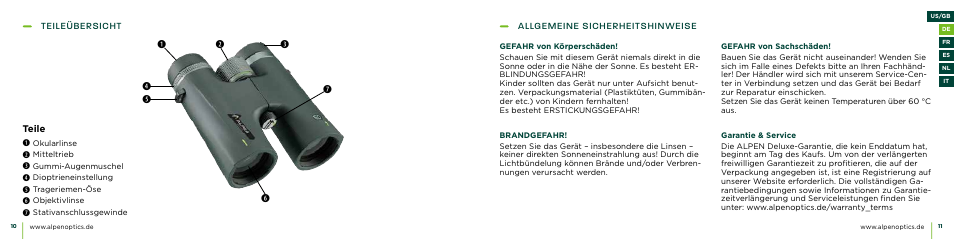Teileübersicht, Teile, Allgemeine sicherheitshinweise | Alpen Optics 10x42 Apex XP ED Waterproof Binoculars User Manual | Page 6 / 21