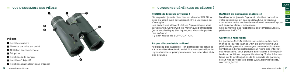 Vue d'ensemble des pièces, Pièces, Consignes générales de sécurité | Alpen Optics 10x42 Apex XP ED Waterproof Binoculars User Manual | Page 9 / 21