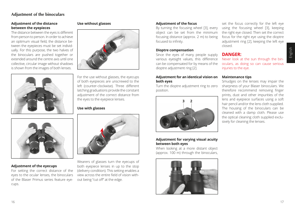 Danger | Blaser 10x42 Primus Binoculars User Manual | Page 9 / 33