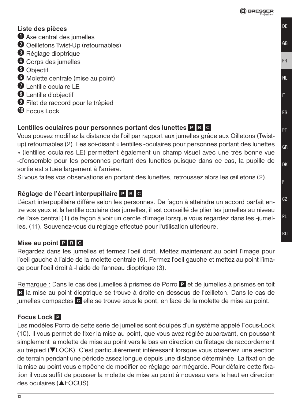 BRESSER 8x25 Montana DK Binoculars (Gray) User Manual | Page 13 / 48