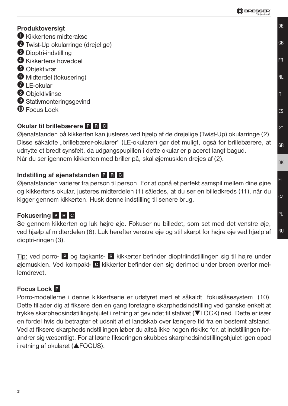 BRESSER 8x25 Montana DK Binoculars (Gray) User Manual | Page 31 / 48