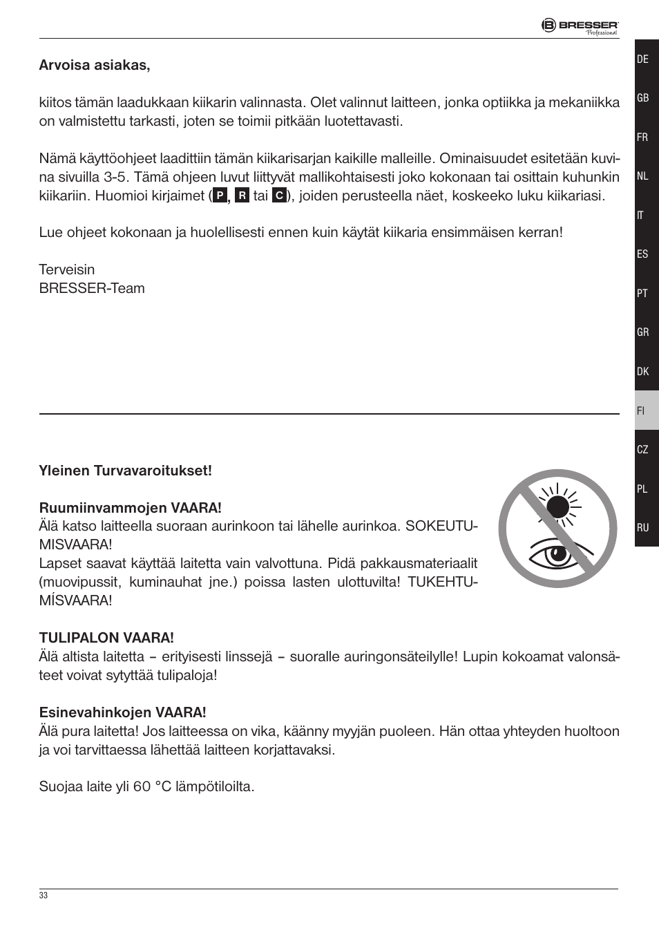 BRESSER 8x25 Montana DK Binoculars (Gray) User Manual | Page 33 / 48