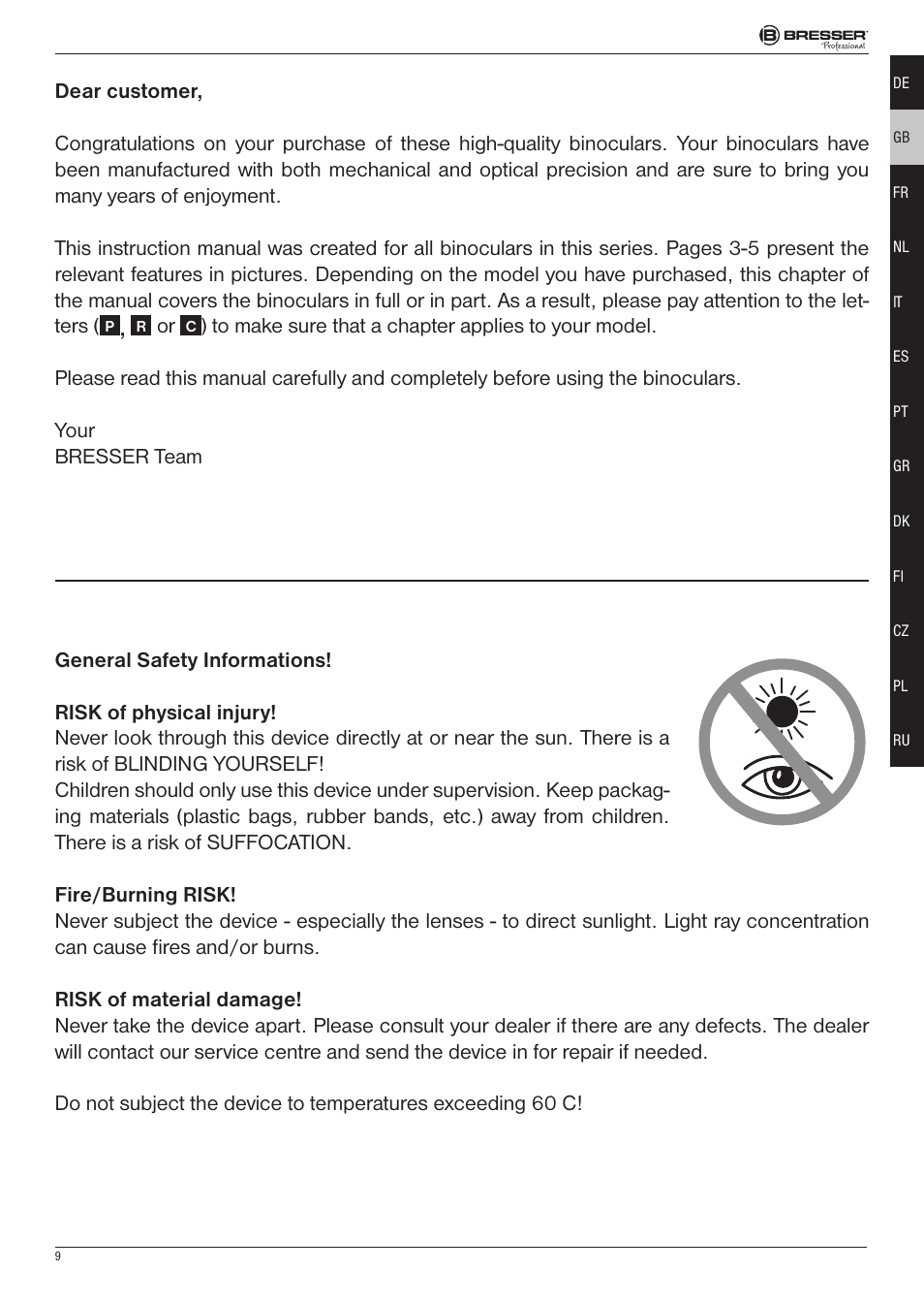 BRESSER 8x25 Montana DK Binoculars (Gray) User Manual | Page 9 / 48