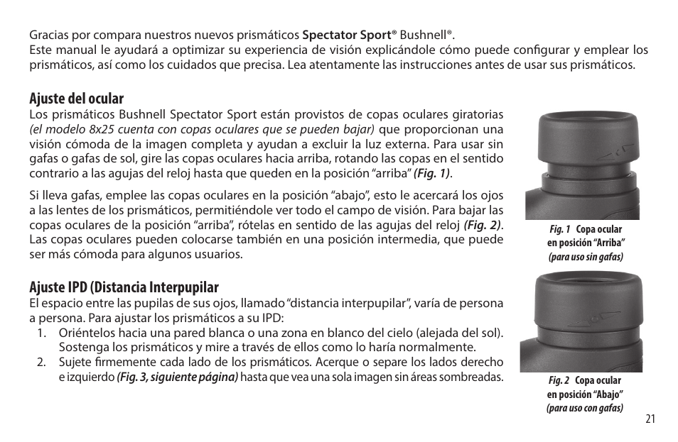 Ajuste del ocular, Ajuste ipd (distancia interpupilar | Bushnell 8x32 Spectator Sport Binoculars (Black) User Manual | Page 21 / 52
