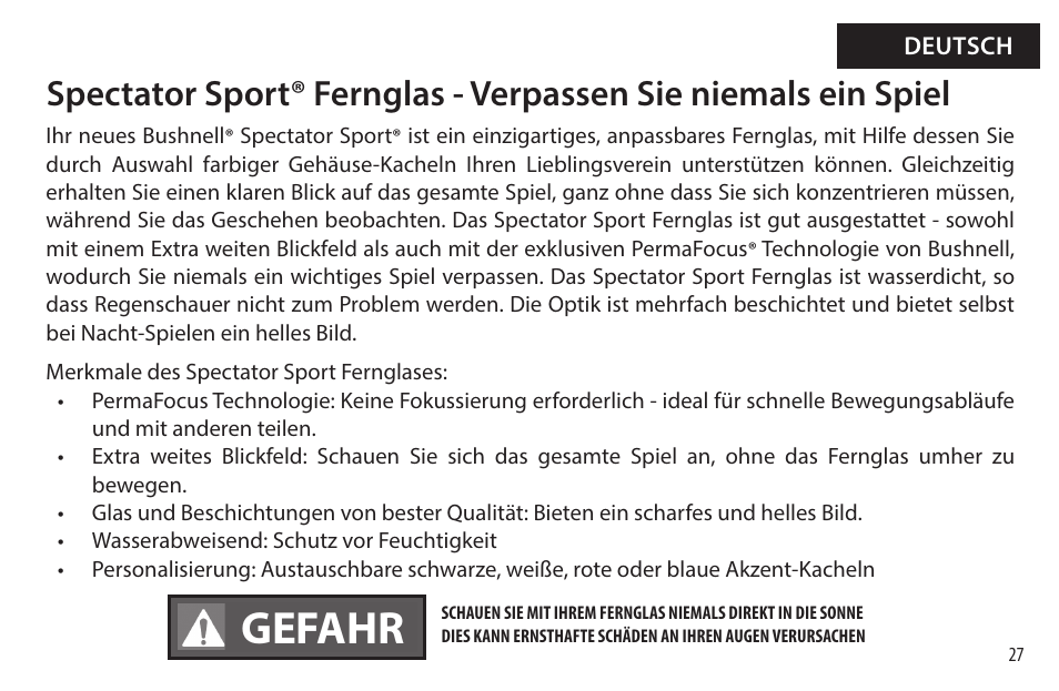 Gefahr | Bushnell 8x32 Spectator Sport Binoculars (Black) User Manual | Page 27 / 52
