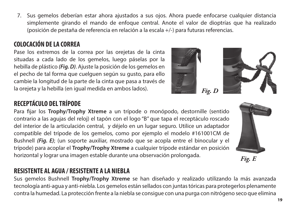 Colocación de la correa, Receptáculo del trípode, Resistente al agua / resistente a la niebla | Bushnell 8x56 Trophy Xtreme Binoculars (Green) User Manual | Page 19 / 36