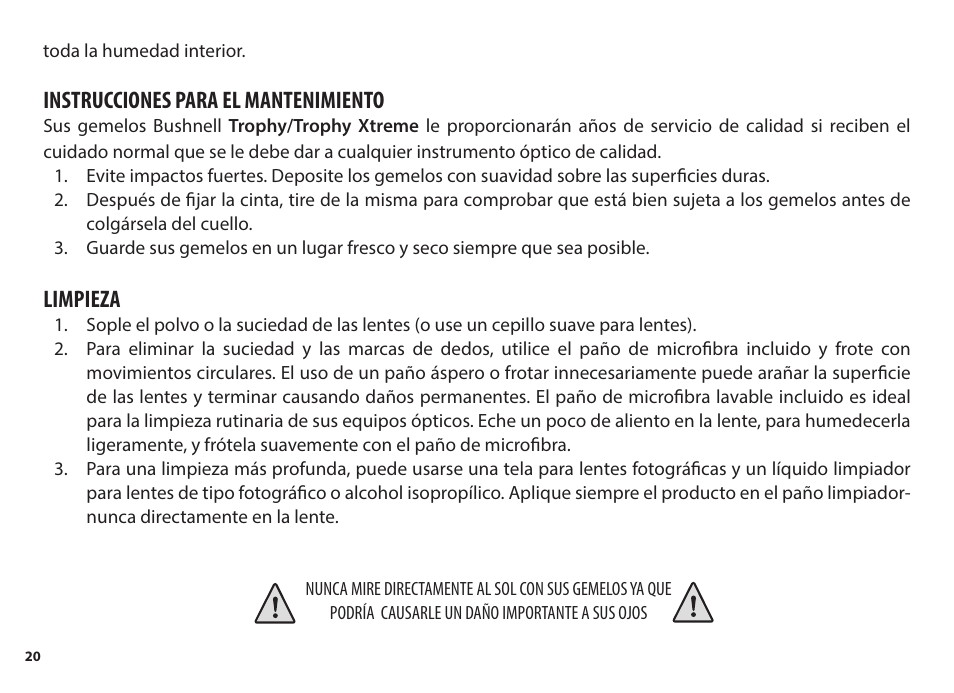 Instrucciones para el mantenimiento, Limpieza | Bushnell 8x56 Trophy Xtreme Binoculars (Green) User Manual | Page 20 / 36