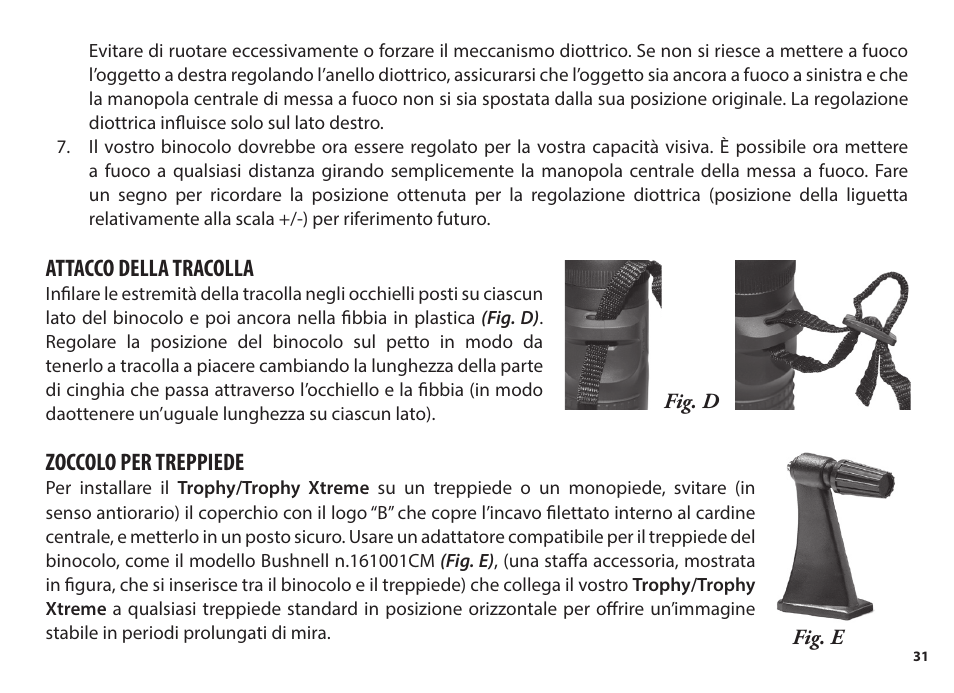 Attacco della tracolla, Zoccolo per treppiede | Bushnell 8x56 Trophy Xtreme Binoculars (Green) User Manual | Page 31 / 36