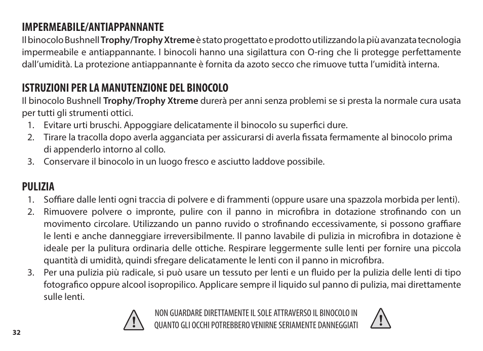 Impermeabile/antiappannante, Istruzioni per la manutenzione del binocolo, Pulizia | Bushnell 8x56 Trophy Xtreme Binoculars (Green) User Manual | Page 32 / 36