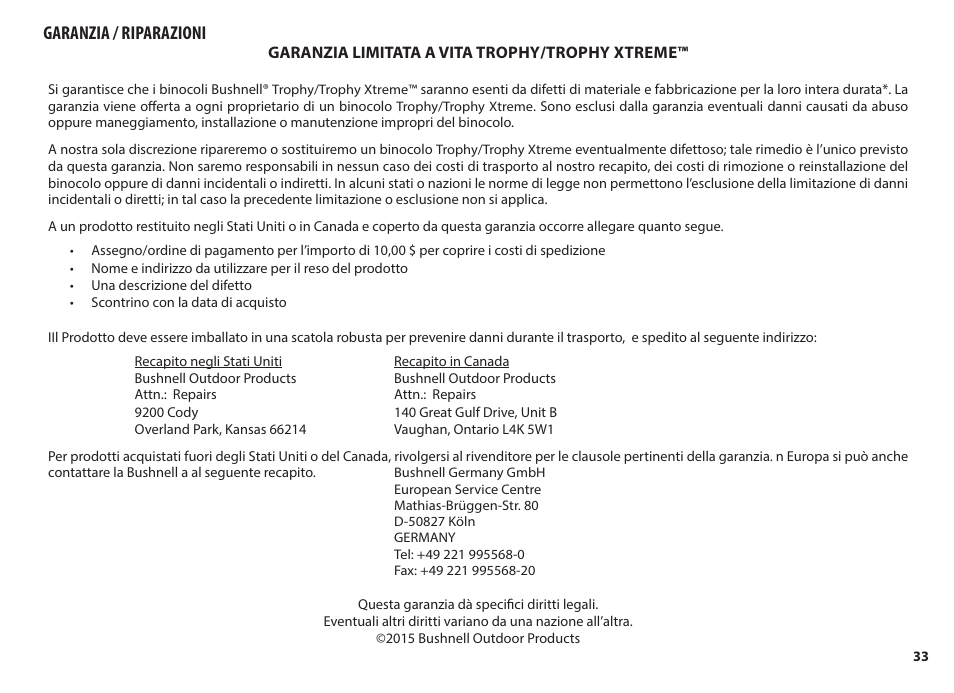 Garanzia / riparazioni | Bushnell 8x56 Trophy Xtreme Binoculars (Green) User Manual | Page 33 / 36