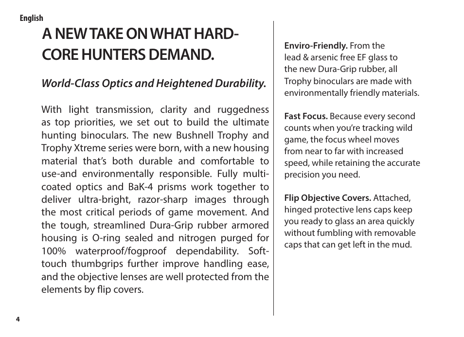 A new take on what hard- core hunters demand, World-class optics and heightened durability | Bushnell 8x56 Trophy Xtreme Binoculars (Green) User Manual | Page 4 / 36
