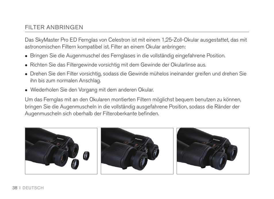 Filter anbringen | Celestron 7x50 SkyMaster Pro ED Binoculars User Manual | Page 38 / 72