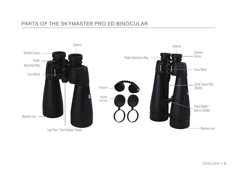 Parts of the skymaster pro ed binocular | Celestron 7x50 SkyMaster Pro ED Binoculars User Manual | Page 5 / 72