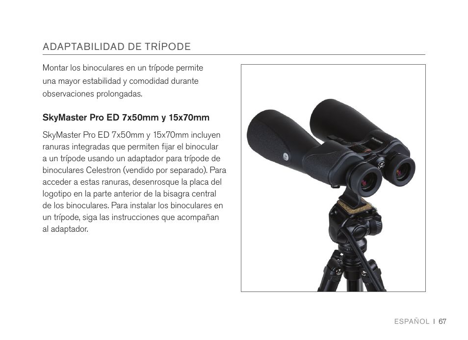 Adaptabilidad de trípode | Celestron 7x50 SkyMaster Pro ED Binoculars User Manual | Page 67 / 72