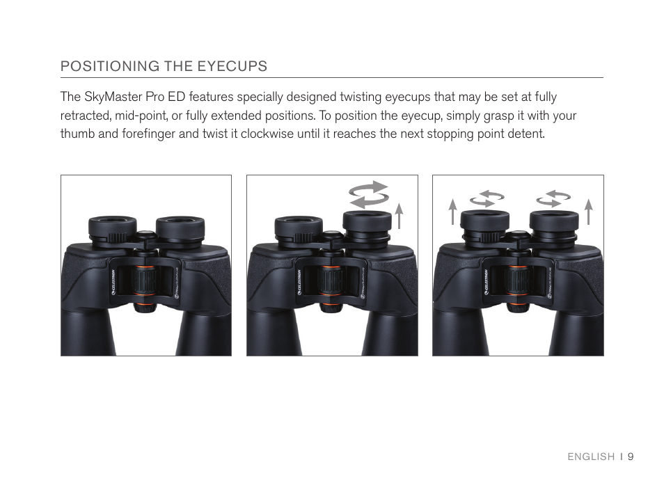 Positioning the eyecups | Celestron 7x50 SkyMaster Pro ED Binoculars User Manual | Page 9 / 72