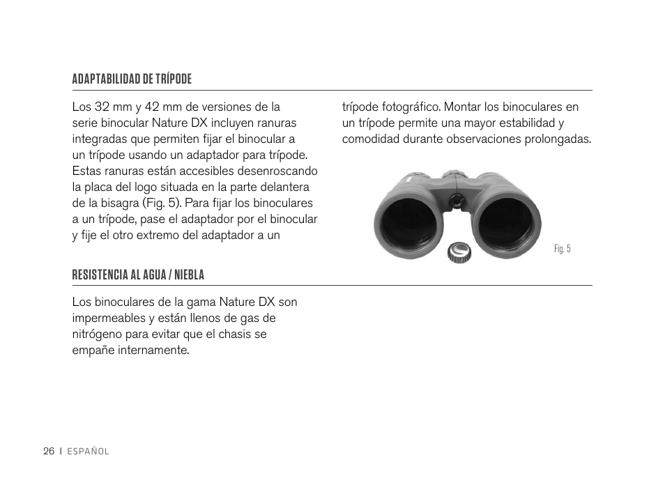 Adaptabilidad de trípode, Resistencia al agua / niebla | Celestron 8x32 Nature DX Binoculars User Manual | Page 28 / 52