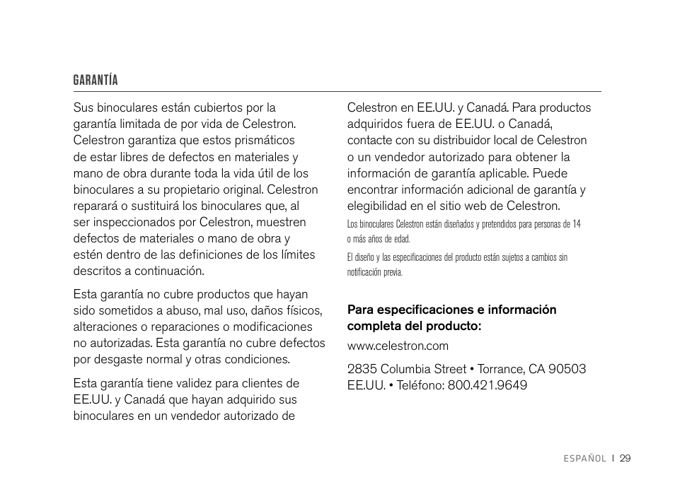 Garantía | Celestron 8x32 Nature DX Binoculars User Manual | Page 31 / 52