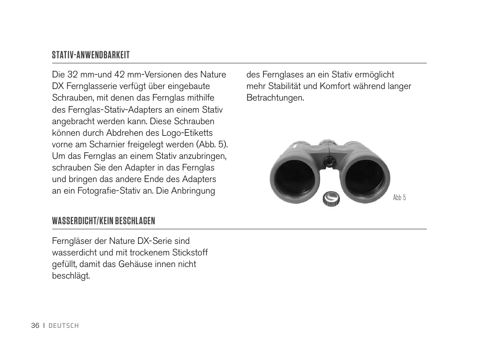 Stativ-anwendbarkeit, Wasserdicht/kein beschlagen | Celestron 8x32 Nature DX Binoculars User Manual | Page 38 / 52