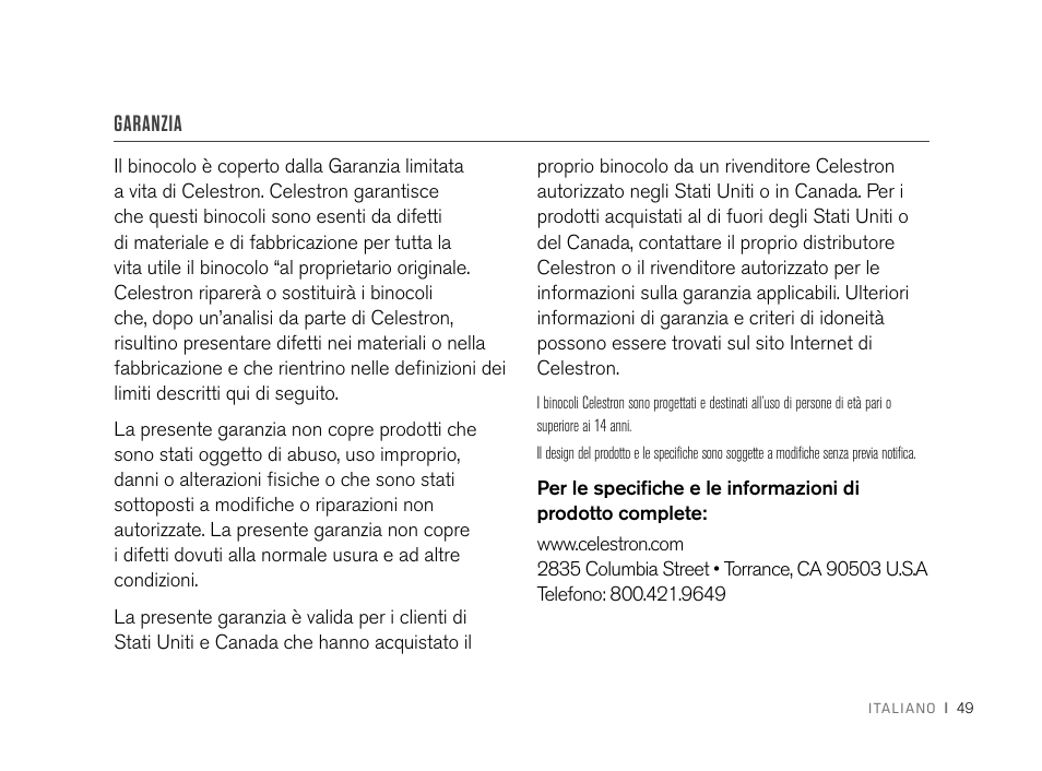 Garanzia | Celestron 8x32 Nature DX Binoculars User Manual | Page 51 / 52