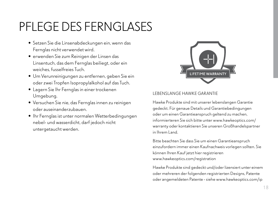 Pflege des fernglases | Hawke Optics 8x32 Frontier HD X Binoculars (Gray) User Manual | Page 19 / 44